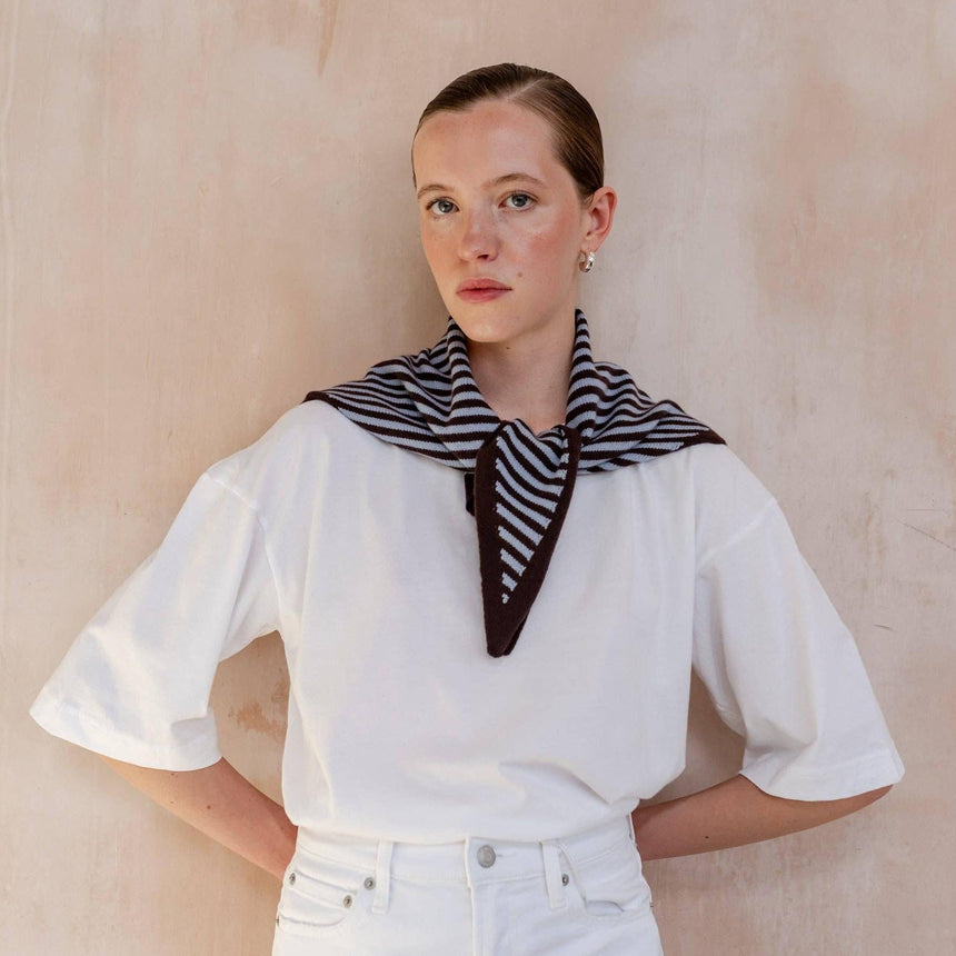 TBCo - Merino Wool Triangle Scarf in Blue & Brown Stripe | Scout & Co