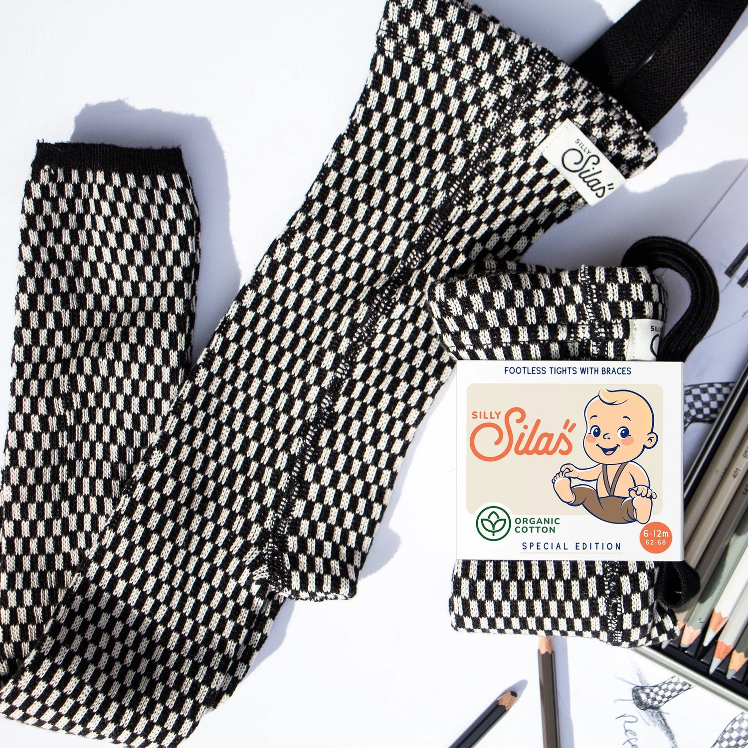 Silly Silas - Special footless tights with braces - Black & White checked | Scout & Co