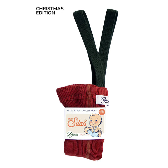 Silly Silas x Organic Zoo - Footed cotton tights with braces - Maple Leaf & Dark Forest Green | Scout & Co