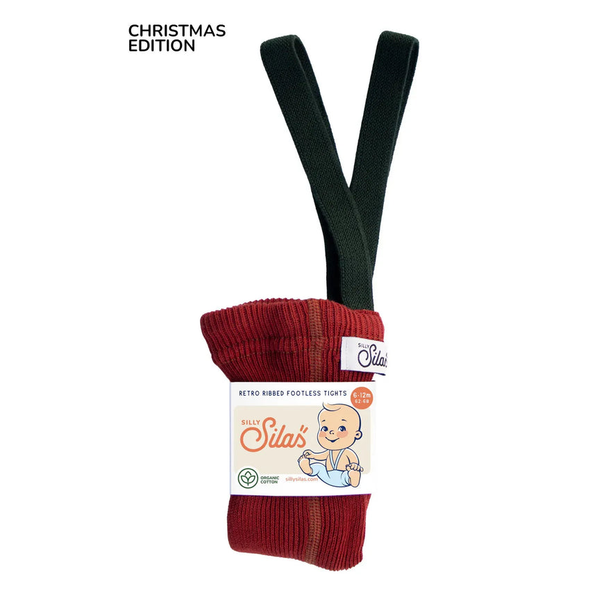 Silly Silas x Organic Zoo - Footed cotton tights with braces - Maple Leaf & Dark Forest Green | Scout & Co