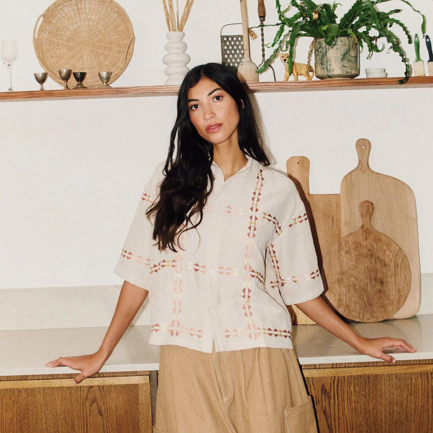 Sideline - Polly embroidered shirt - Oat | Scout & Co