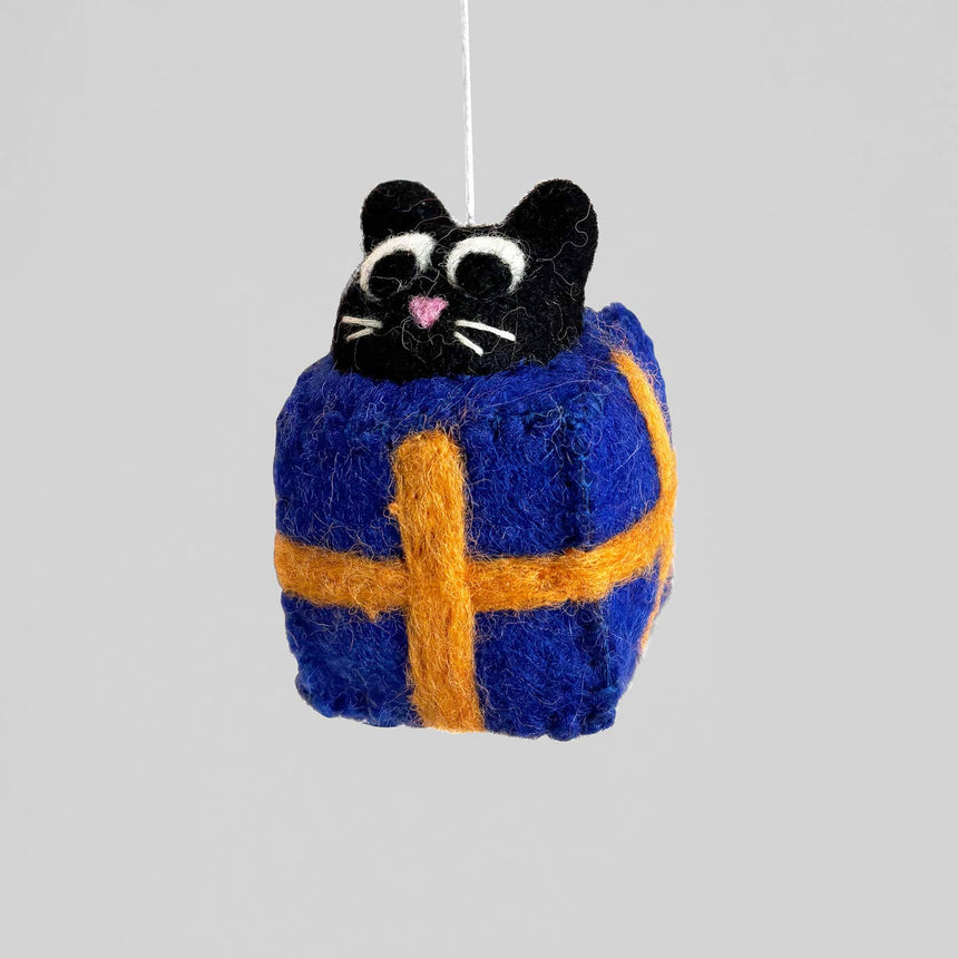 Wrap - Roland Cat in Blue Present hanging felt ornament | Scout & Co