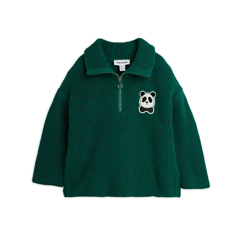 Mini Rodini - Panda Patch chunky knit half-zip sweater - green