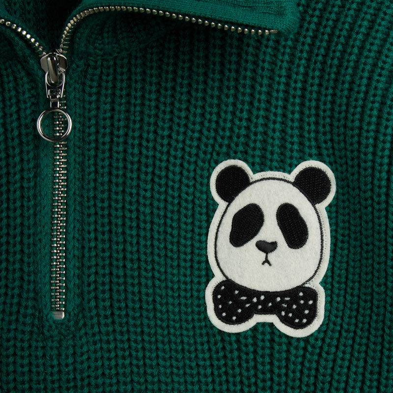 Mini Rodini - Panda Patch chunky knit half-zip sweater - green