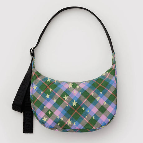 Baggu - Medium Nylon Crescent bag - Green Star Plaid | Scout & Co