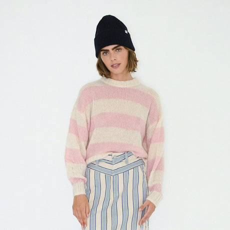 The Tiny Big Sister - Oversized Striped Sweater - Vanilla / Pink