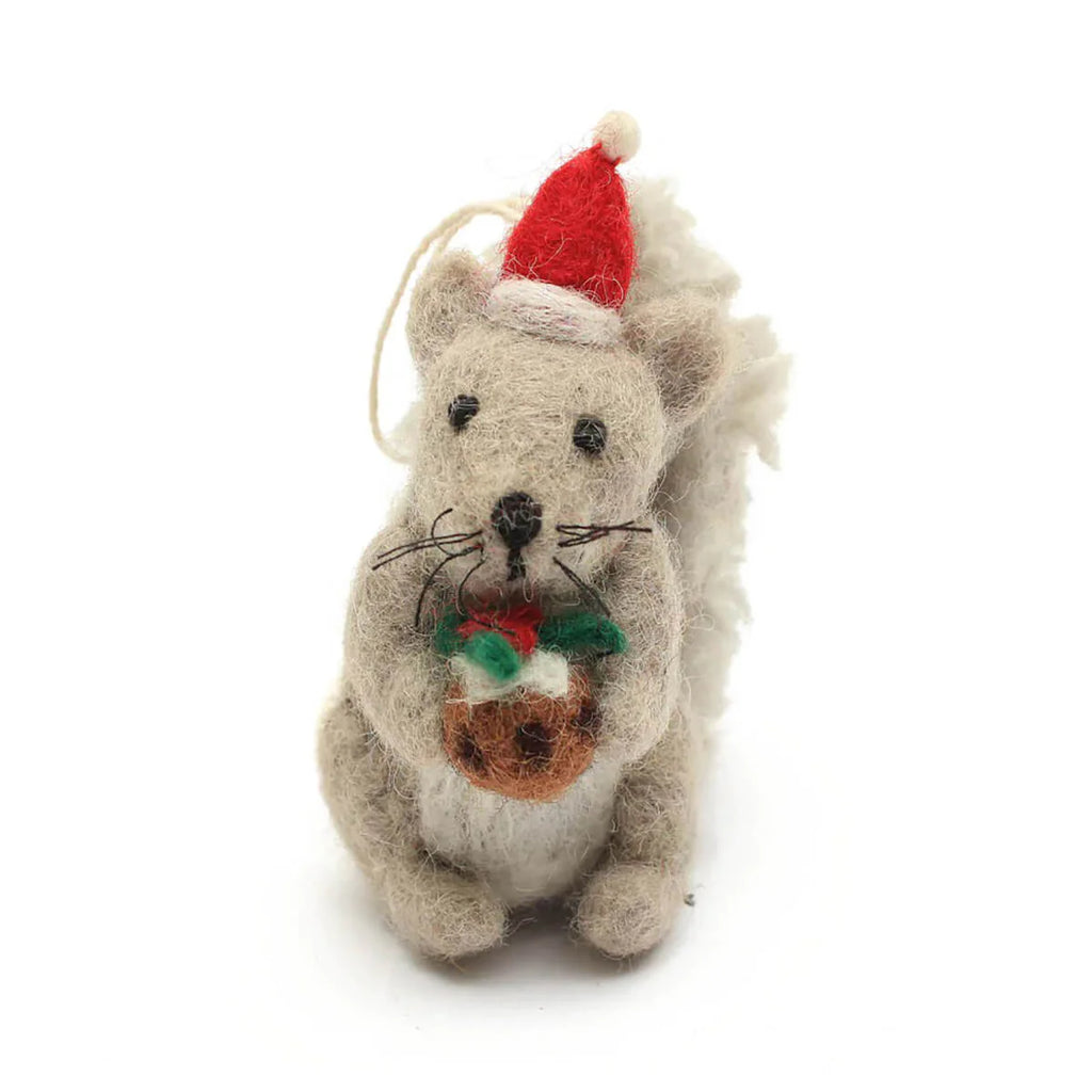 Amica - Grey squirrel with Christmas pudding - felt decoration | Scout & Co