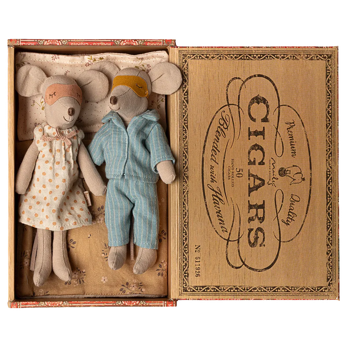 Maileg - Mum & Dad mice in cigar box - blue stripe PJs + floral nightie | Scout & Co