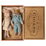 Maileg - Mum & Dad mice in cigar box - blue stripe PJs + floral nightie | Scout & Co