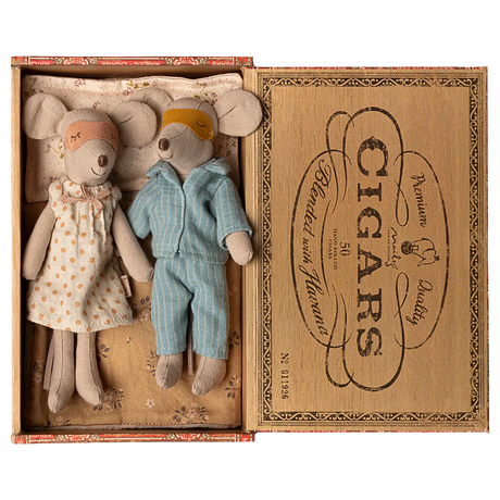 Maileg - Mum & Dad mice in cigar box - blue stripe PJs + floral nightie | Scout & Co