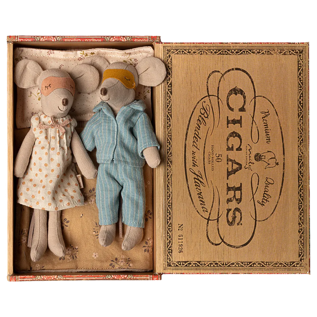 Maileg - Mum & Dad mice in cigar box - blue stripe PJs + floral nightie | Scout & Co
