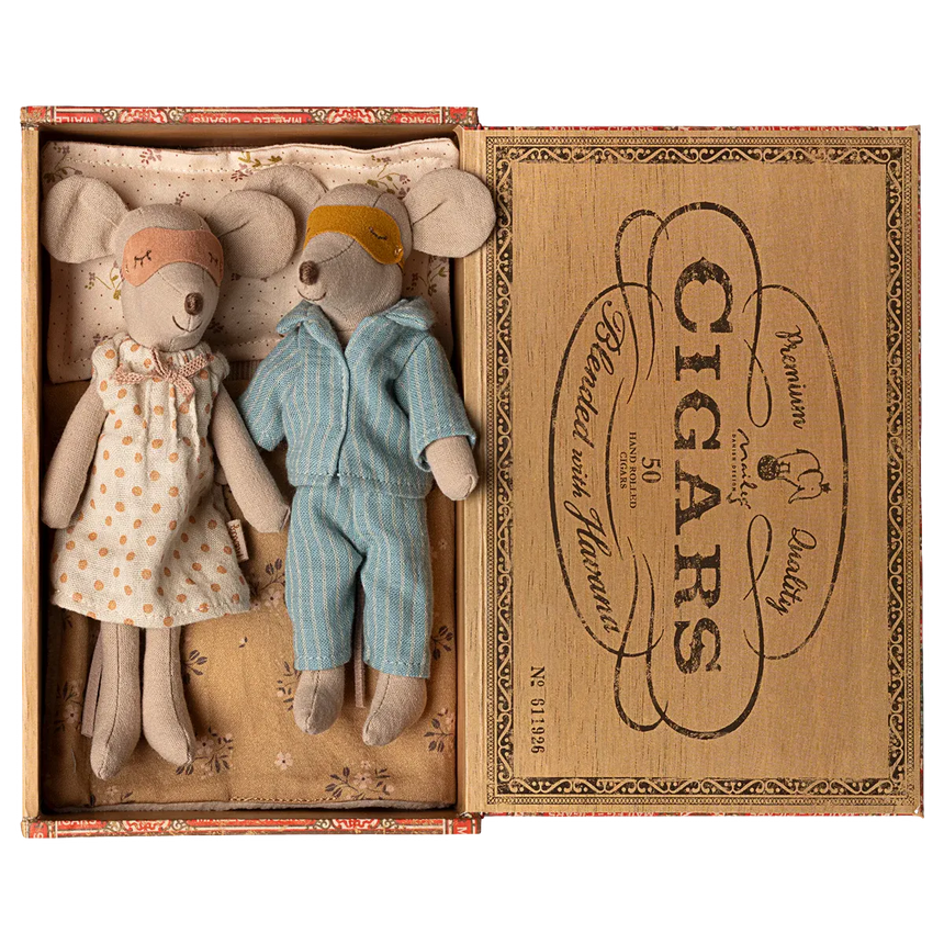 Maileg - Mum & Dad mice in cigar box - blue stripe PJs + floral nightie | Scout & Co