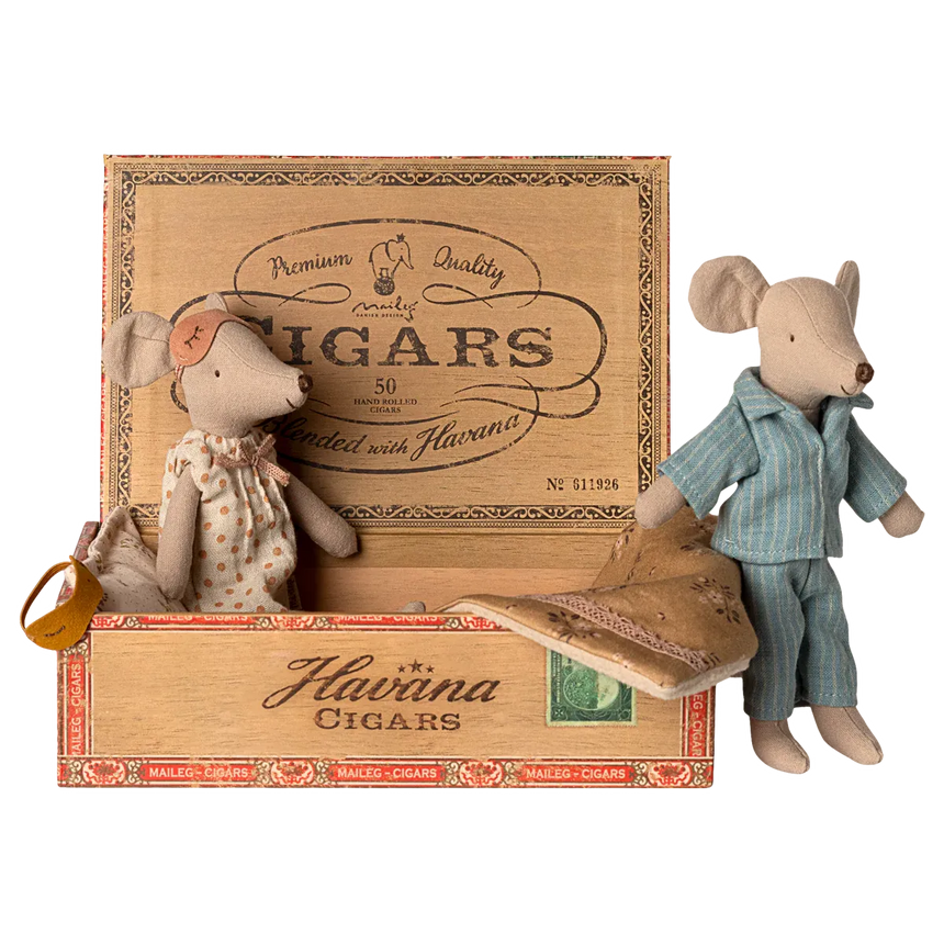 Maileg - Mum & Dad mice in cigar box - blue stripe PJs + floral nightie | Scout & Co