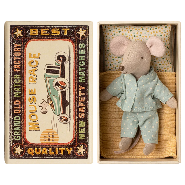 Maileg - Little brother mouse in matchbox - blue spotty PJs | Scout & Co