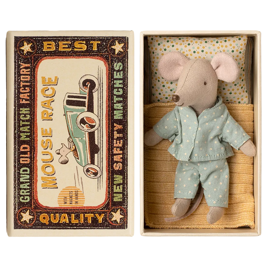 Maileg - Little brother mouse in matchbox - blue spotty PJs | Scout & Co
