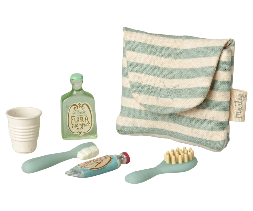 Maileg - Toothbrush set in bag - blue stripe