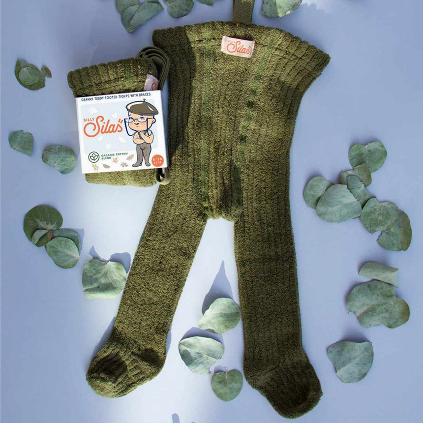 Silly Silas - Granny teddy footed tights with braces - Olive | Scout & Co