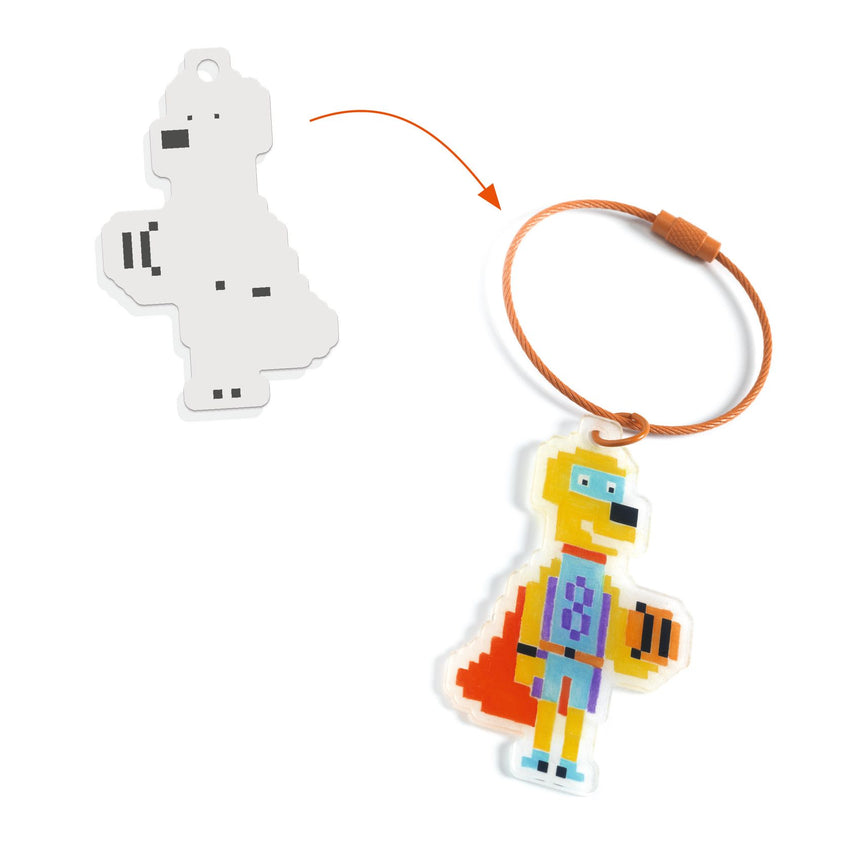 Djeco - Pixel Art Heroes shrink plastic keychains DIY kit