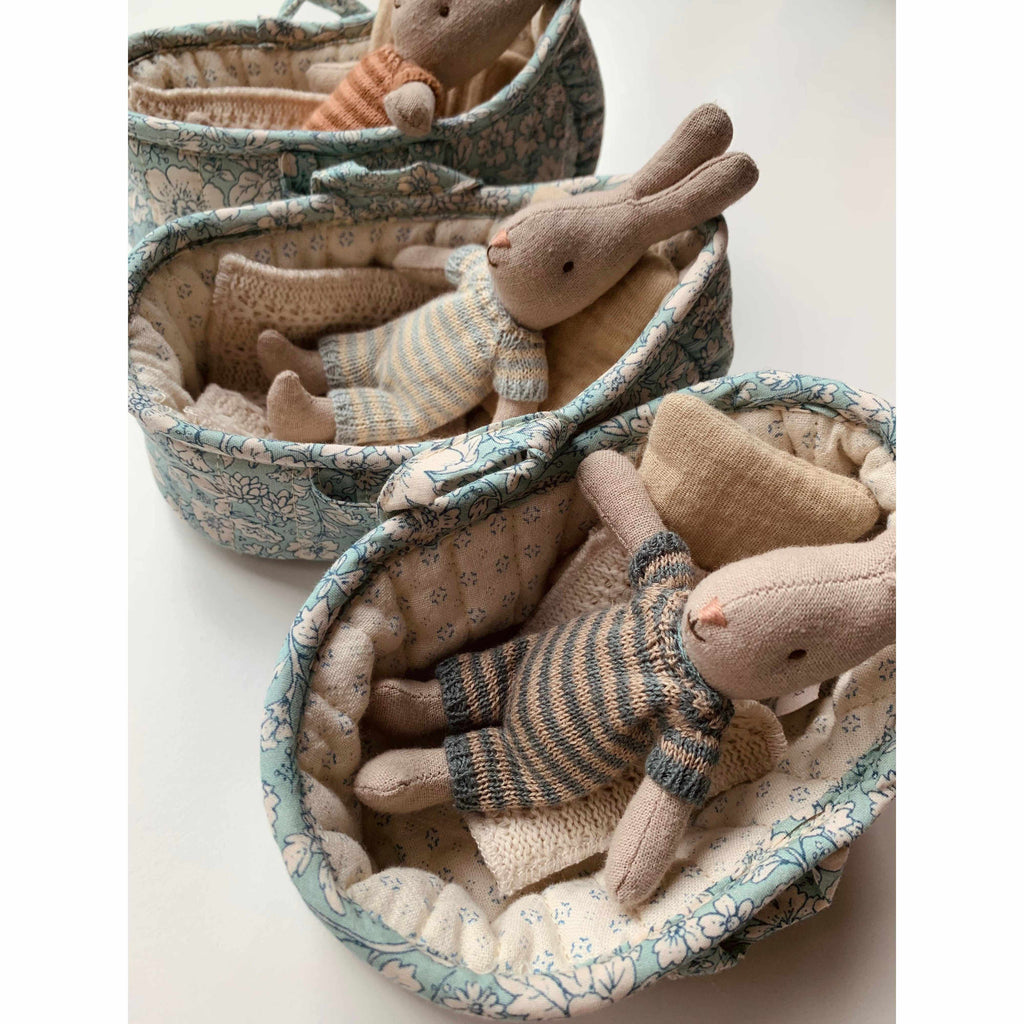 Maileg - Micro rabbit soft toy in carry cot - dark blue stripes | Scout & Co