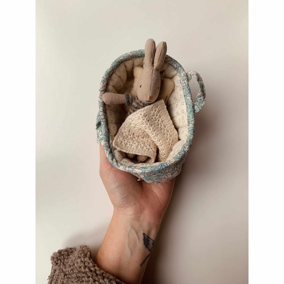 Maileg Micro Rabbit In Carrycot Dark Blue UK Stockist Scout Co