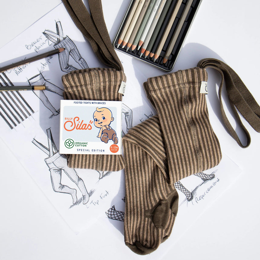 Silly Silas - Special footed cotton tights with braces - Seaweed & Peanut Striped | Scout & Co
