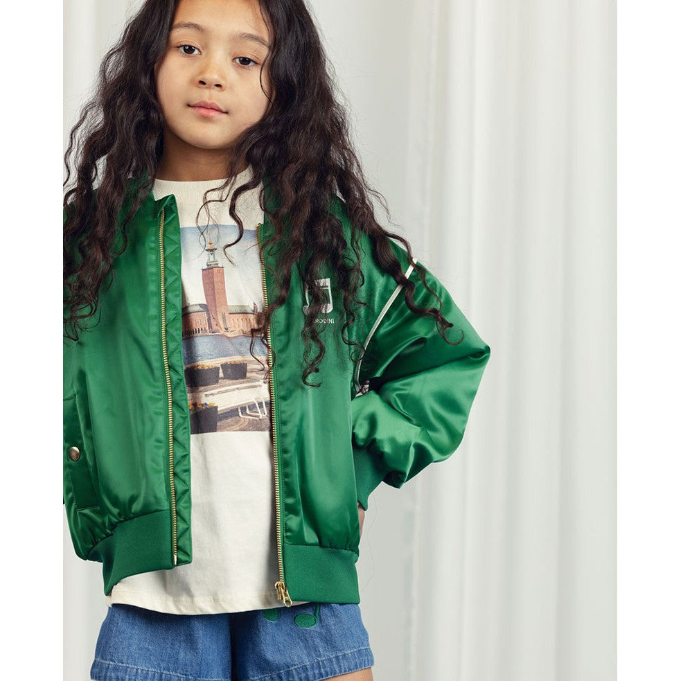 Mini Rodini - Note chenille satin baseball jacket - green | Scout & Co