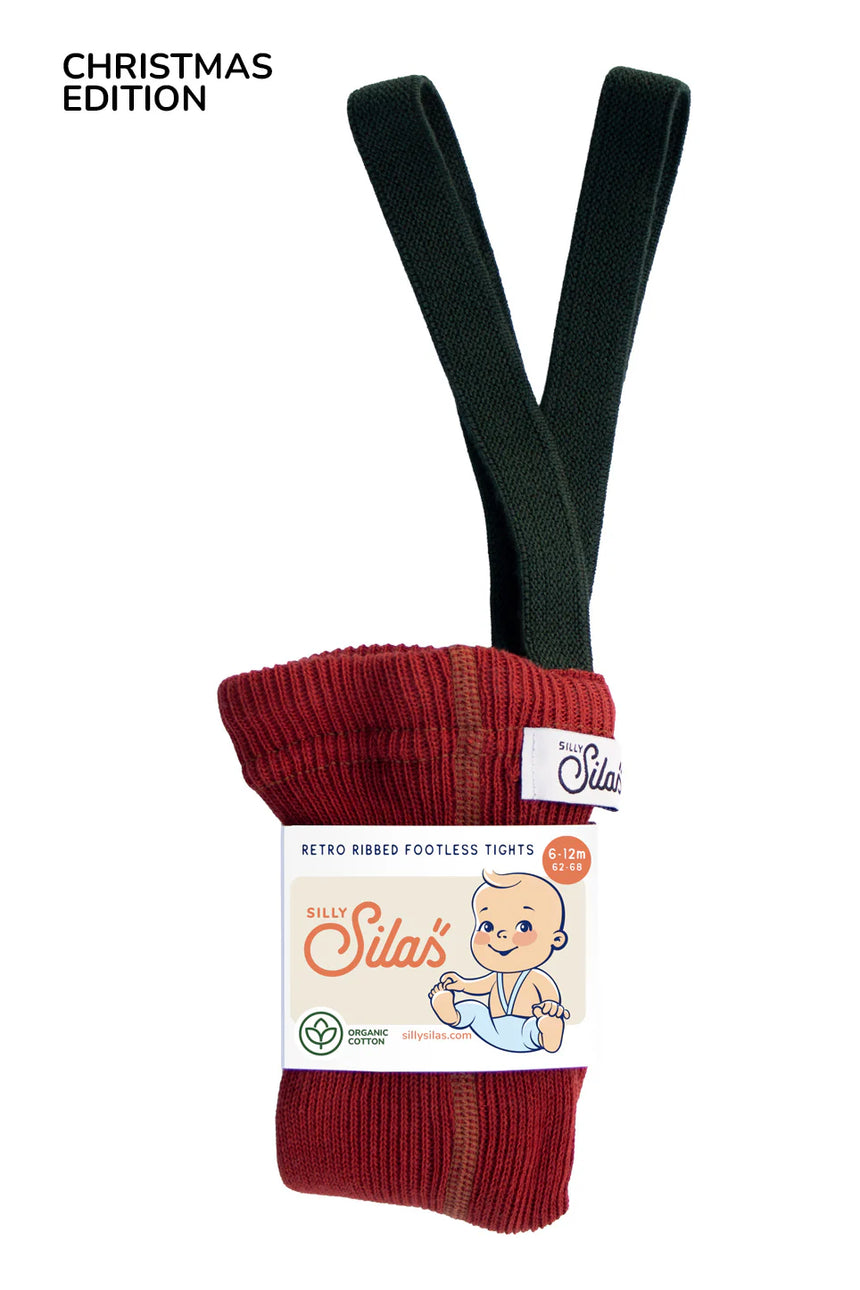 Silly Silas x Organic Zoo - Footed cotton tights with braces - Maple Leaf & Dark Forest Green