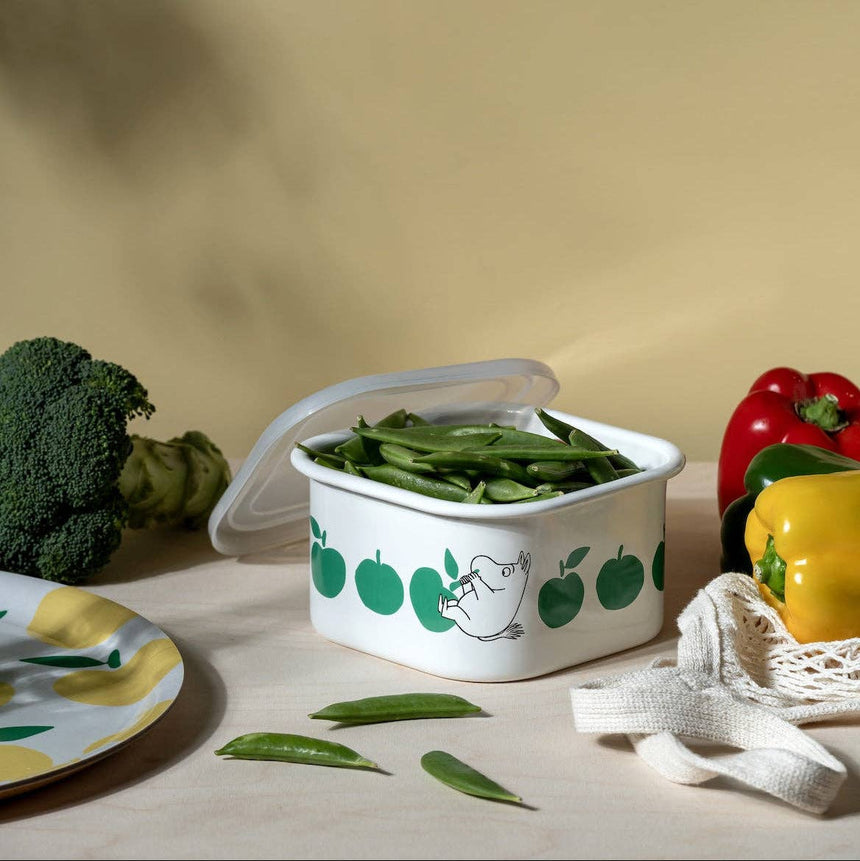 Muurla - Moomin enamel dish / jar with Lid - Joyful Apples - Green | Scout & Co