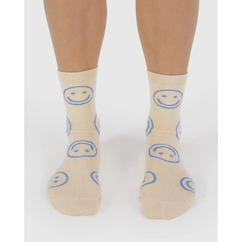 Baggu - Adult crew socks - Ecru Periwinkle Happy | Scout & Co