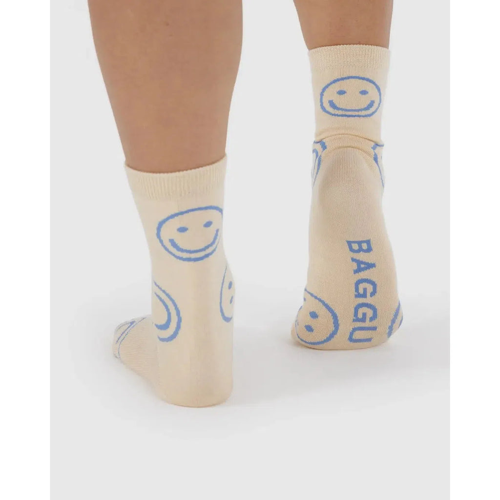 Baggu - Adult crew socks - Ecru Periwinkle Happy | Scout & Co