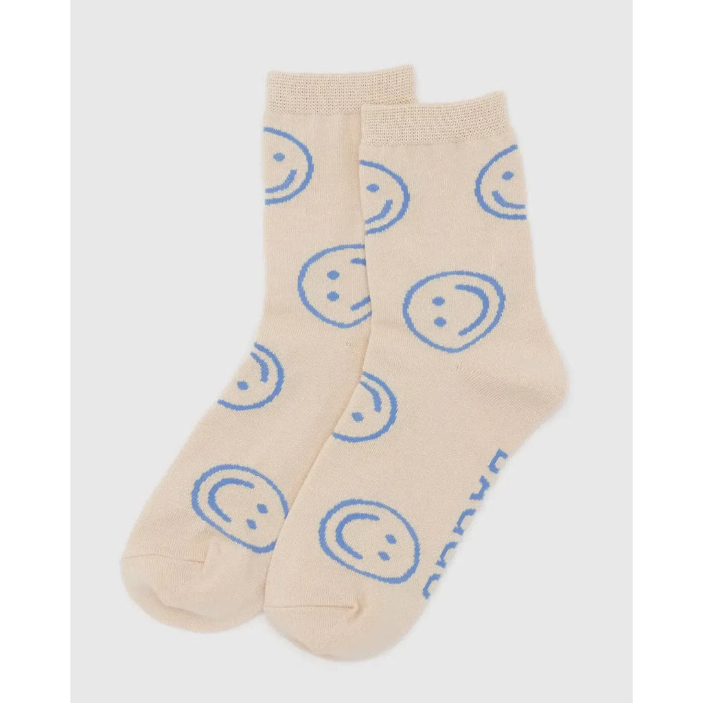 Baggu - Adult crew socks - Ecru Periwinkle Happy | Scout & Co