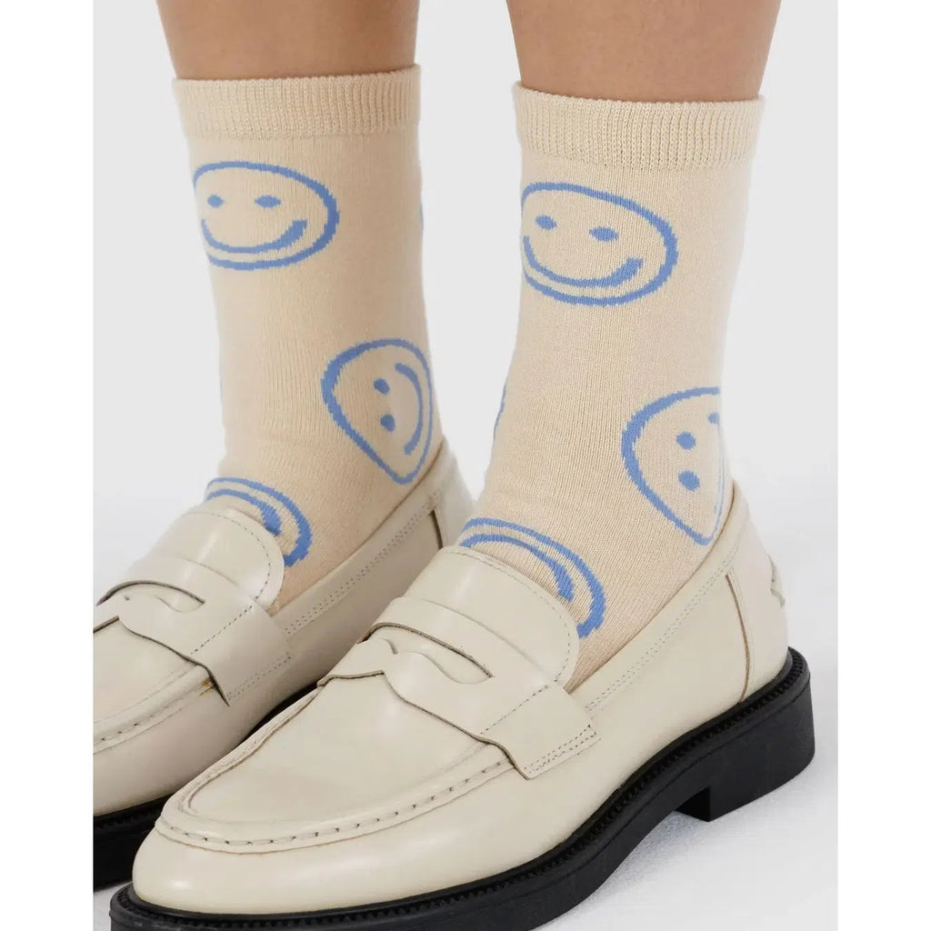 Baggu - Adult crew socks - Ecru Periwinkle Happy | Scout & Co