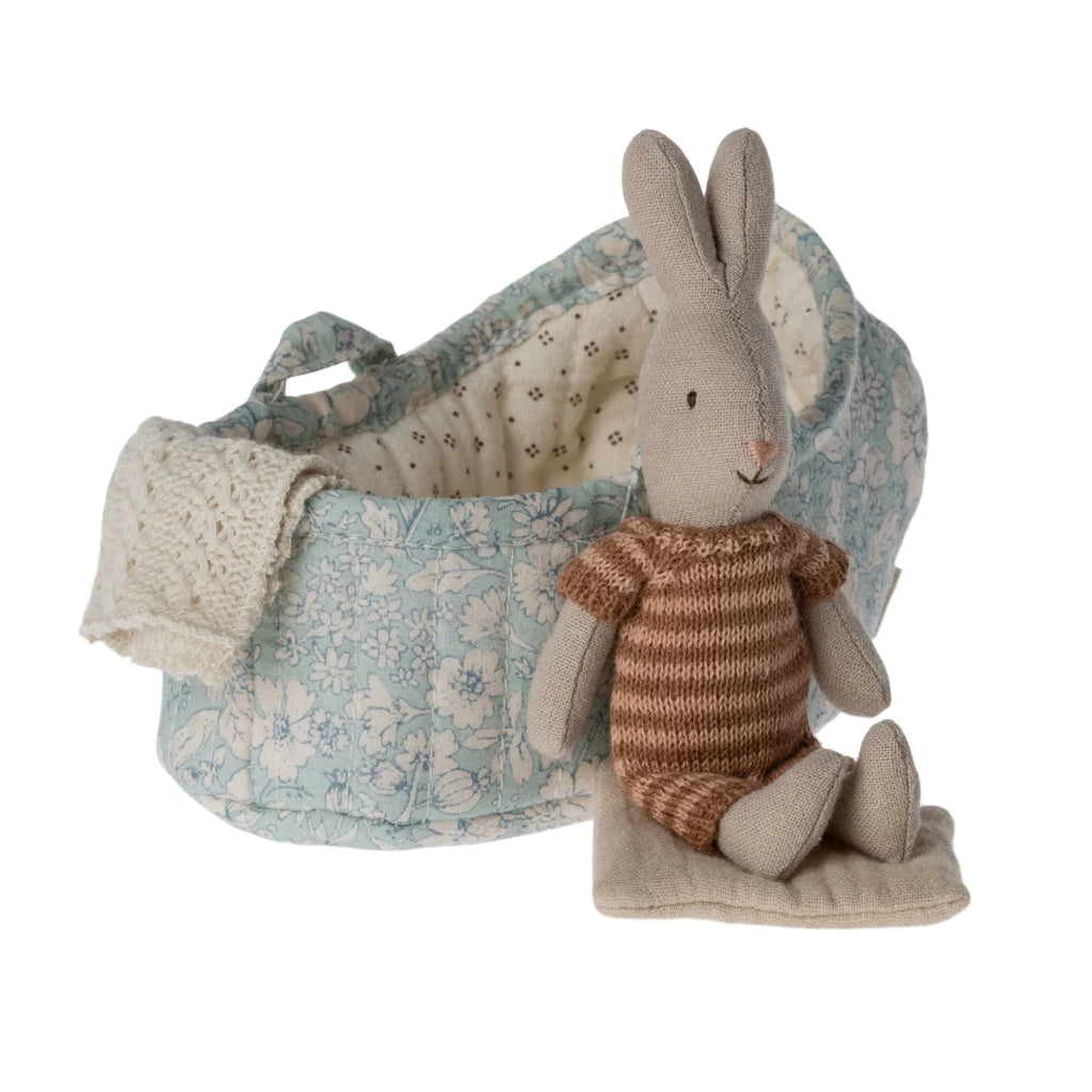 Maileg - Micro rabbit soft toy in carry cot - rust stripes | Scout & Co