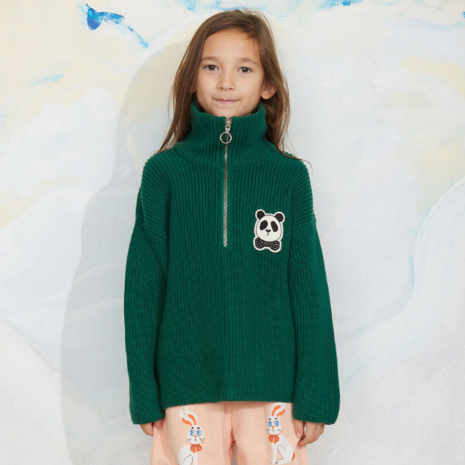 Mini Rodini - Panda Patch chunky knit half-zip sweater - green