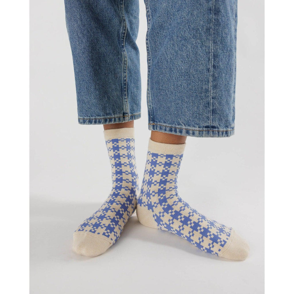 Baggu – Adult crew socks - Blue Pixel Gingham | Scout & Co