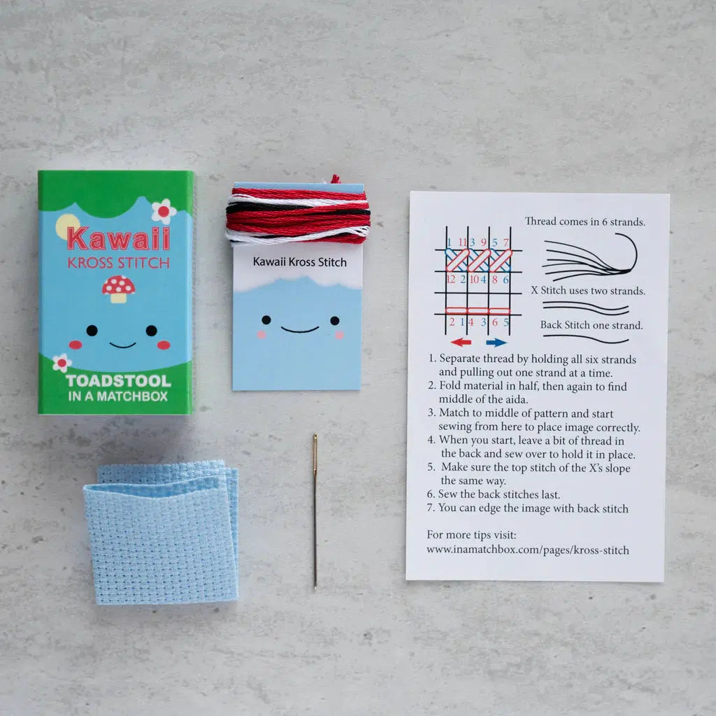 Marvling Bros - Kawaii Toadstool mini cross-stitch kit in a matchbox | Scout & Co